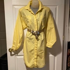 80’s Vintage 1980’s Norma Kamali Shirtdress Yellow cotton S BIG shoulder pads